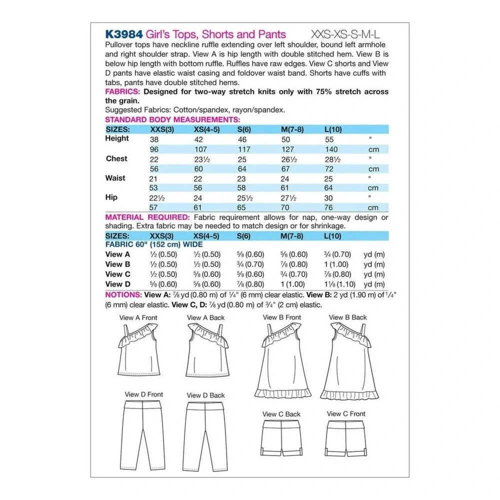 Kwik Sew Sewing Pattern 3984 Tops Shorts Pants Girls Size XXS-L UNCUT